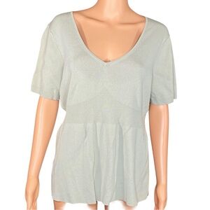 Ann Taylor LOFT Blouse Empire Waist Knit Light Sage V-Neck Peplum Ribbed SZ XL